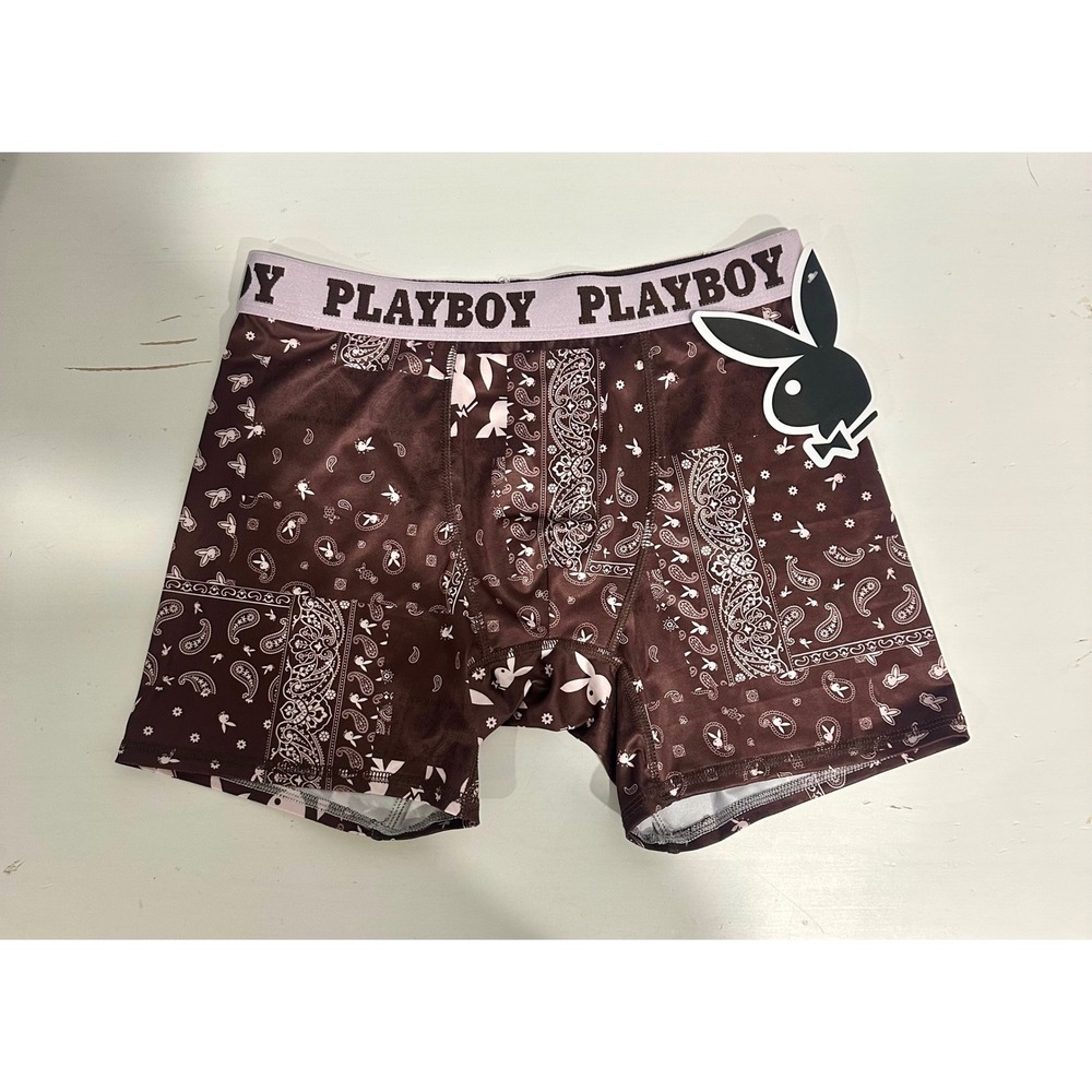 Playboy Mens Boxer Briefs Brown Paisley Bandana Print Rabbit Logo Size M NWT